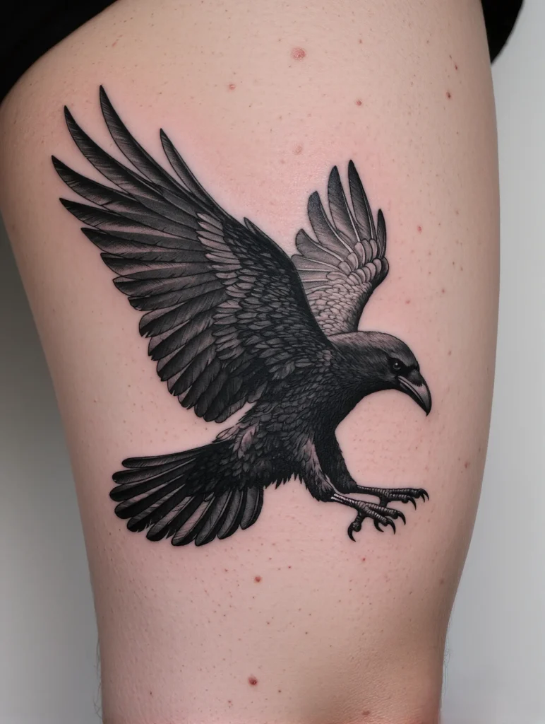 Tatouage corbeau déployant ses ailes, sur la jambe
