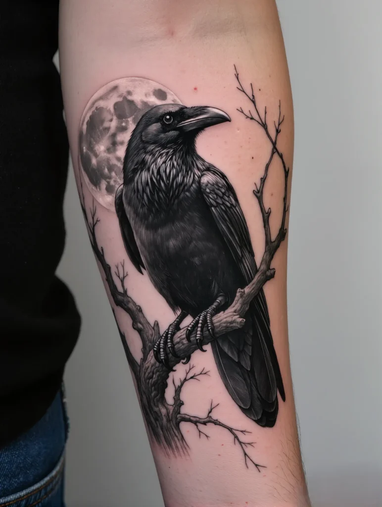 Tatouage corbeau agrippé sur une branche d'arbre avec la lune dans le dos