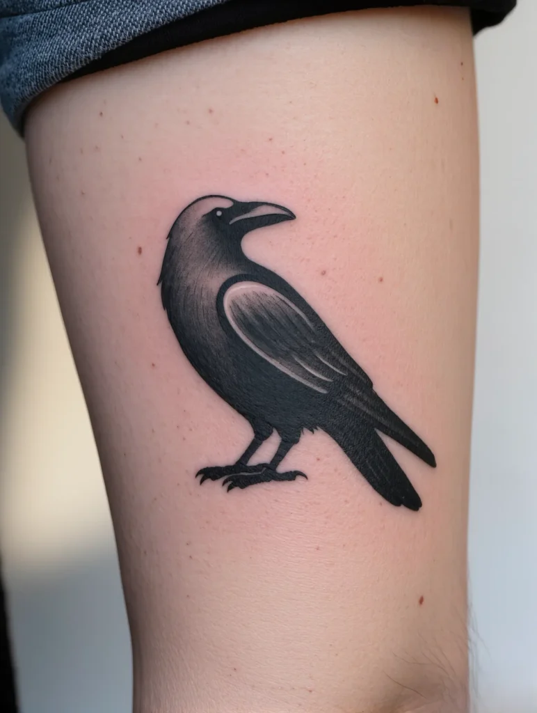 Tatouage corbeau minimaliste sur le bras