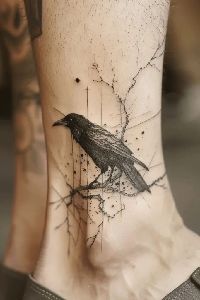 Tatouage corbeau agrippé à une branche, sur la cheville