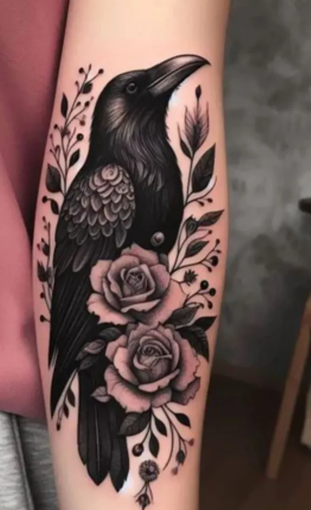 Tatouage réaliste d'un corbeau avec des roses