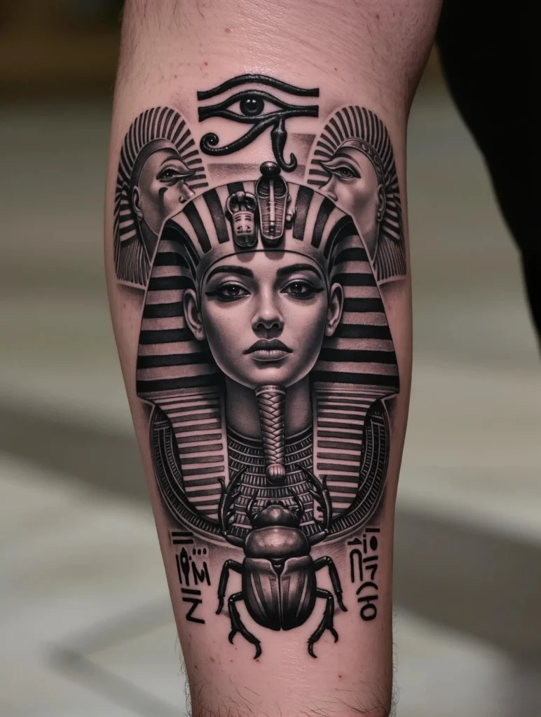 Tatouage égyptien pharaon, scarabée et Osiris  