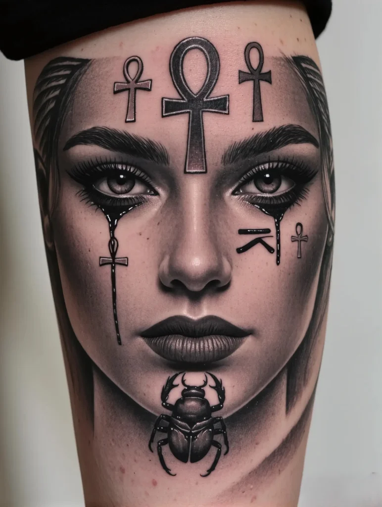 Tatouage égyptien d'un visage féminin avec des croix ankh 