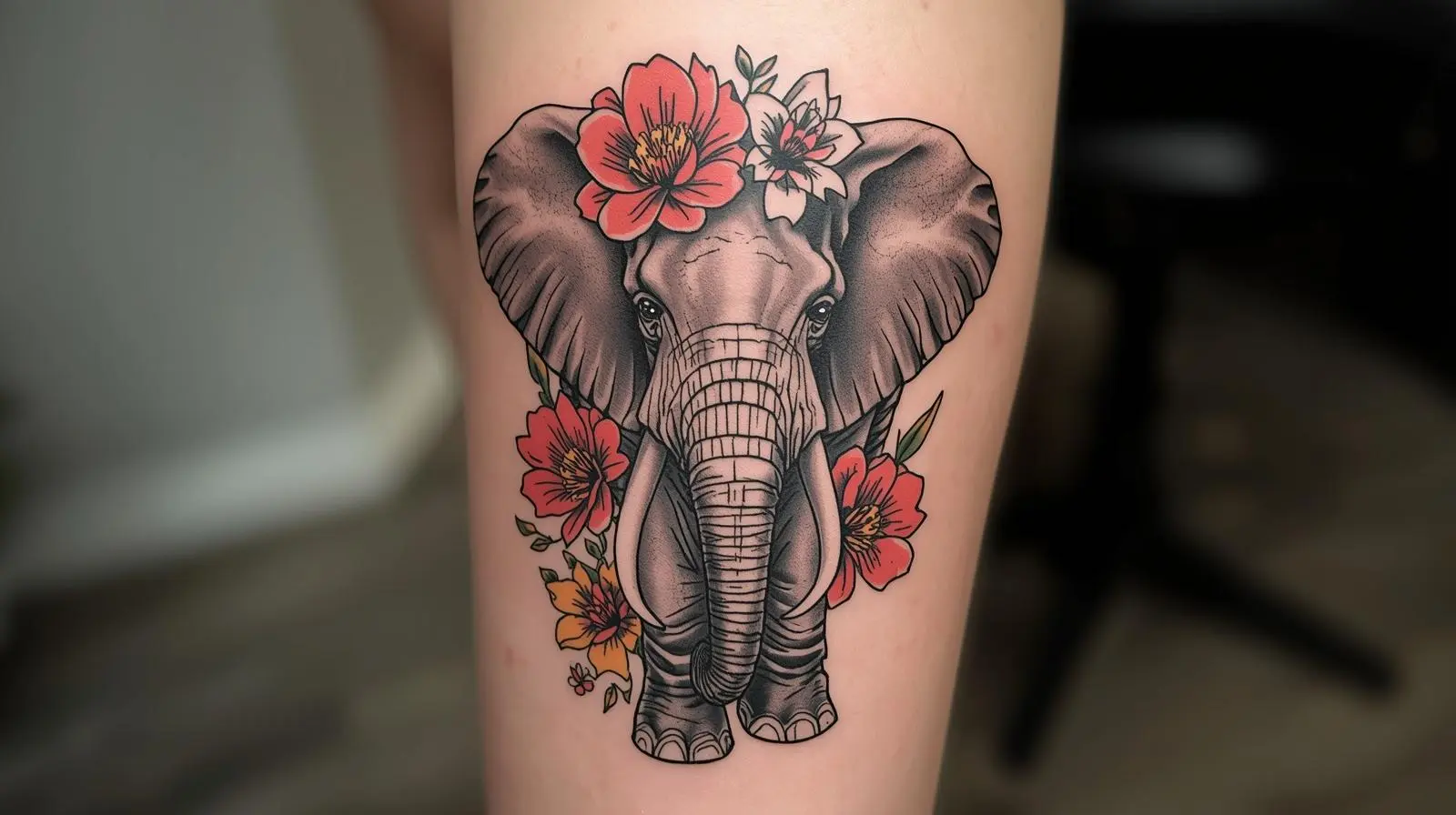 Tatouage éléphant avec des fleurs, coloré