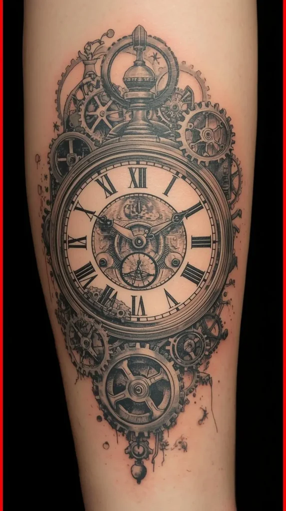 Tatouage horloge avec des rouages en fond