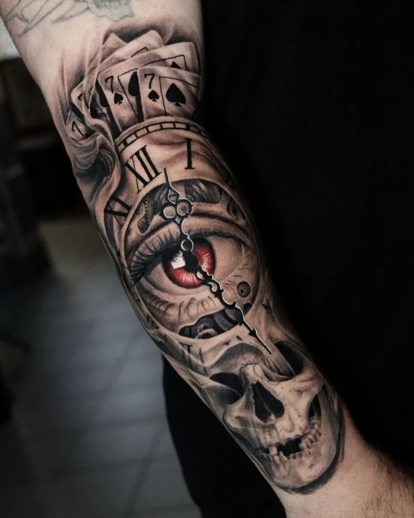 Tatouage horloge avec un crâne et un œil au centre