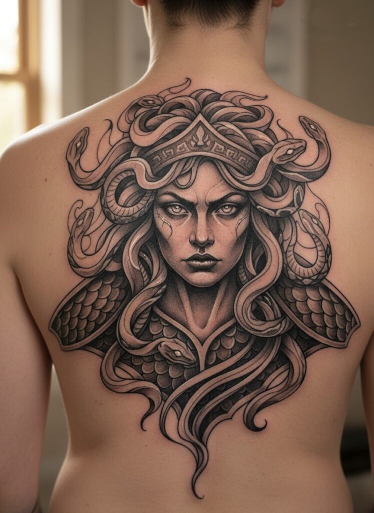 tatouage méduse réaliste dans le dos