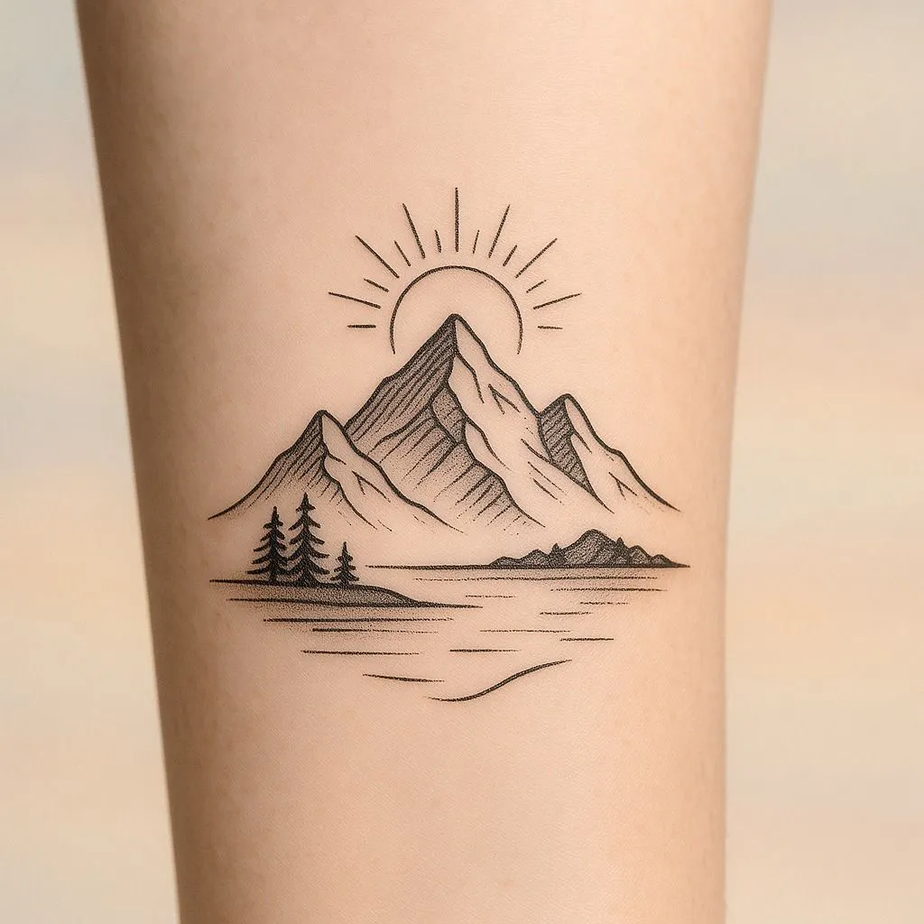 Tatouage montagne minimaliste avec la mer et le soleil
