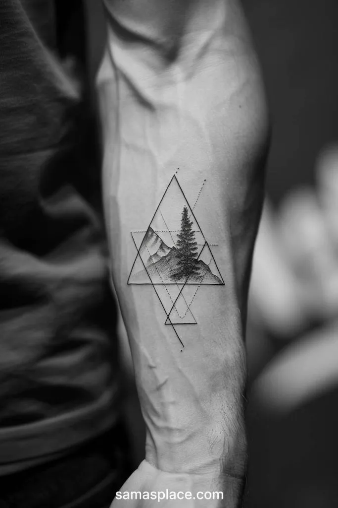 Tatouage de montagne géométrique sur l'avant bras d'un homme