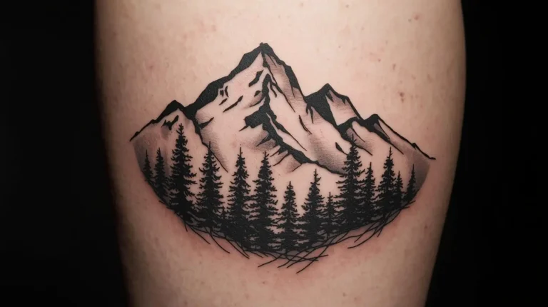 Tatouage montagne enneigée avec des arbres