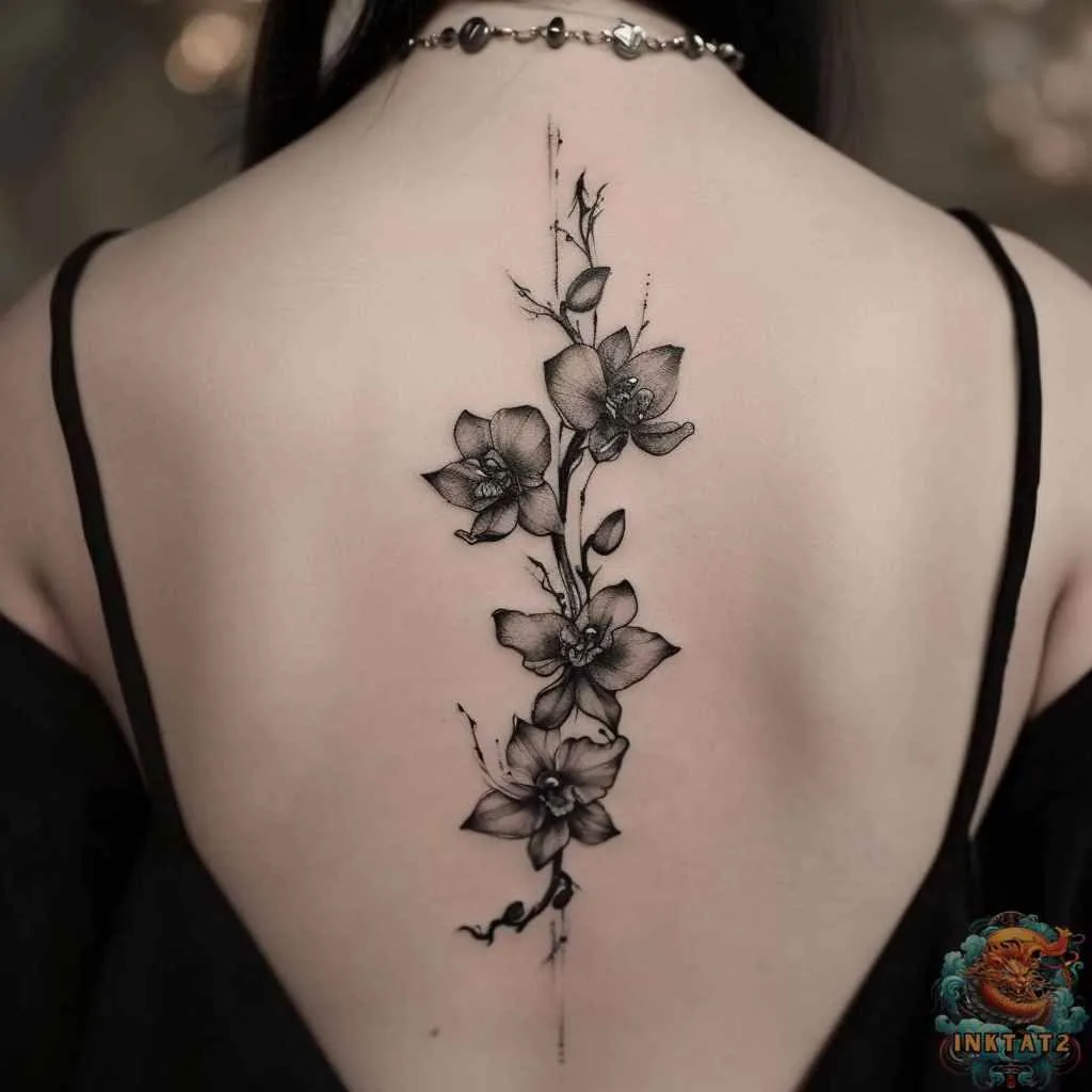 Tatouage orchidée dans le dos d'une femme, le long de la colonne vertébrale