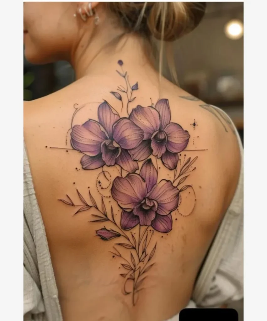 Tatouage orchidée coloré dans le dos d'une femme