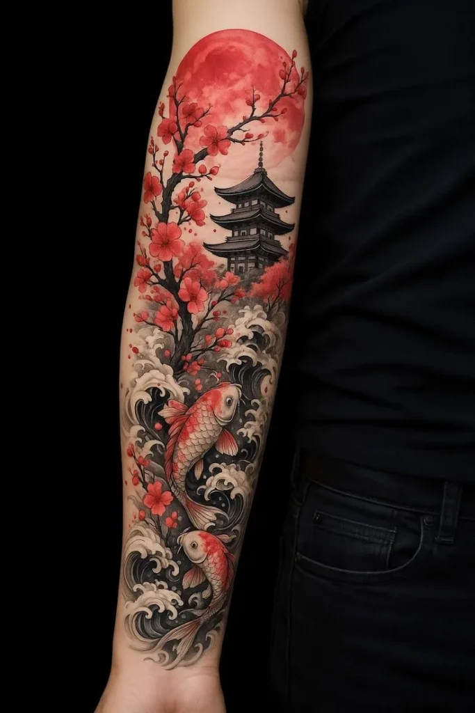 Tatouage yakuza avec des fleurs de cerisier et une carpe sur le bras d'une femme